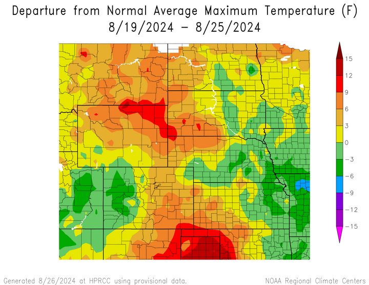 Departure from 1991-2020 normal average maximum temperature in the High Plains Region