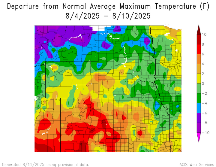 Departure from 1991-2020 normal average maximum temperature in the High Plains Region