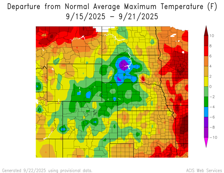 Departure from 1991-2020 normal average maximum temperature in the High Plains Region