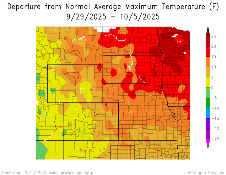 Departure from 1991-2020 normal average maximum temperature in the High Plains Region