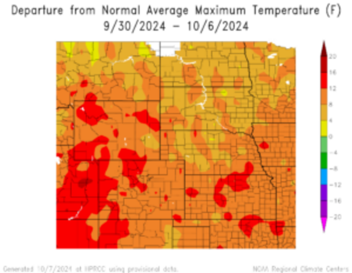 Departure from 1991-2020 normal average maximum temperature in the High Plains Region
