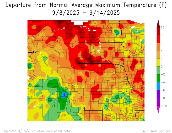 Departure from 1991-2020 normal average maximum temperature in the High Plains Region