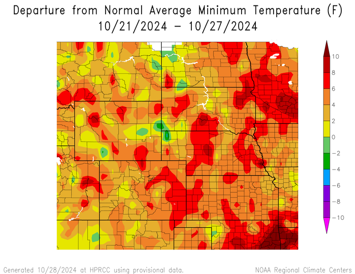 Departure from 1991-2020 normal average minimum temperature in the High Plains Region
