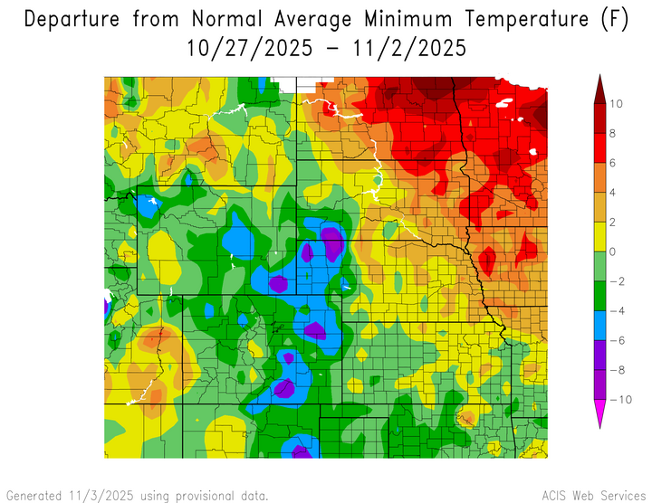 Departure from 1991-2020 normal average minimum temperature in the High Plains Region