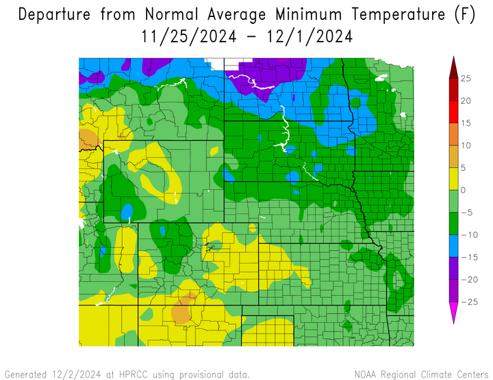 Departure from 1991-2020 normal average minimum temperature in the High Plains Region