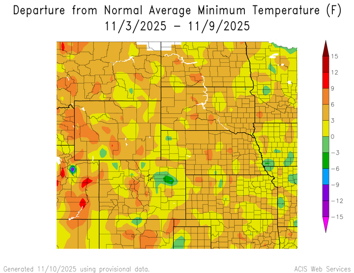 Departure from 1991-2020 normal average minimum temperature in the High Plains Region