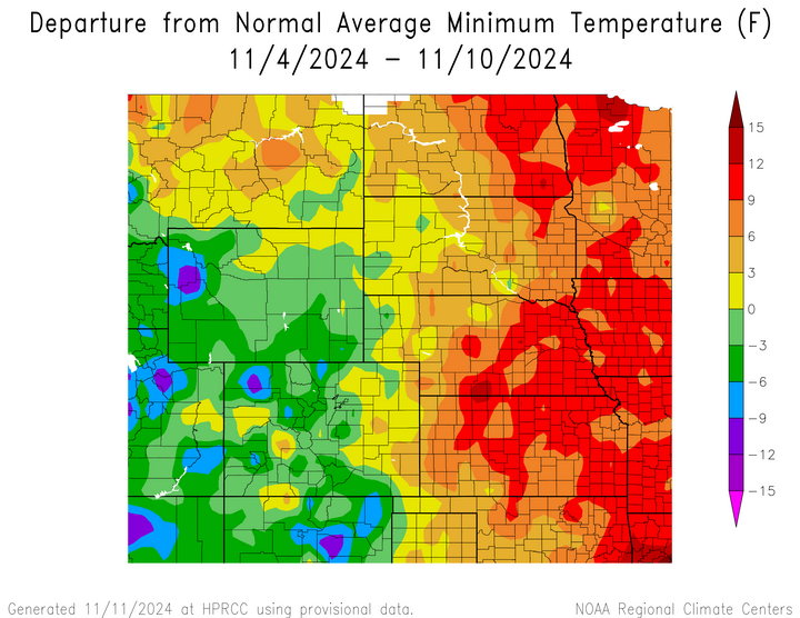 Departure from 1991-2020 normal average minimum temperature in the High Plains Region
