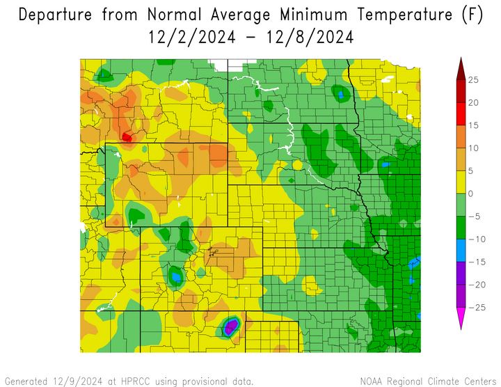 Departure from 1991-2020 normal average minimum temperature in the High Plains Region
