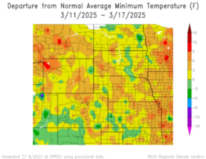 Departure from 1991-2020 normal average minimum temperature in the High Plains Region
