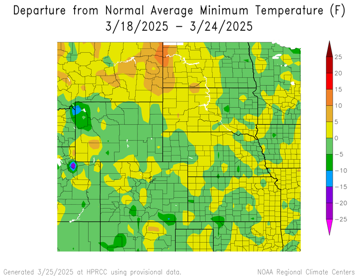 Departure from 1991-2020 normal average minimum temperature in the High Plains Region