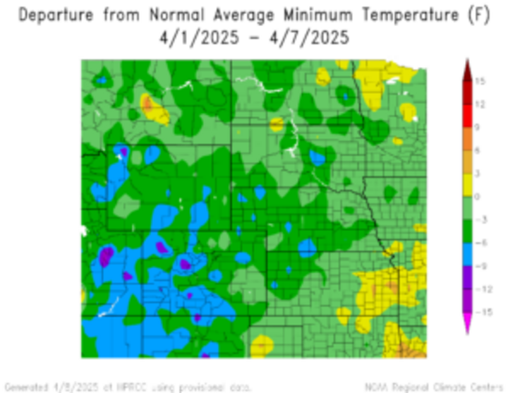 Departure from 1991-2020 normal average minimum temperature in the High Plains Region