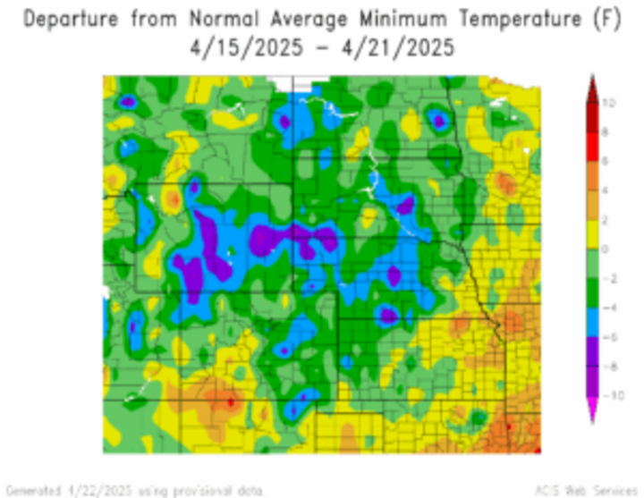 Departure from 1991-2020 normal average minimum temperature in the High Plains Region