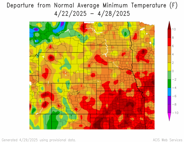 Departure from 1991-2020 normal average minimum temperature in the High Plains Region