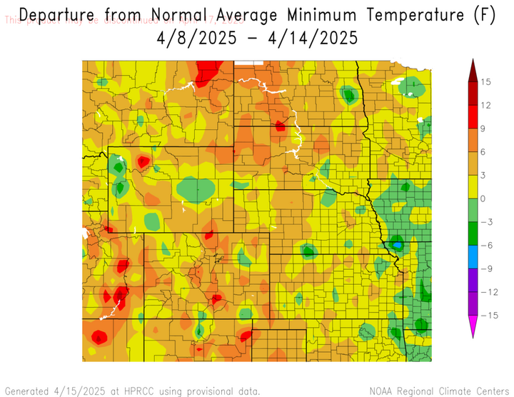 Departure from 1991-2020 normal average minimum temperature in the High Plains Region