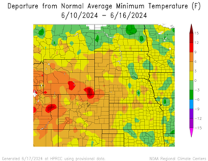 Departure from 1991-2020 normal average minimum temperature in the High Plains Region