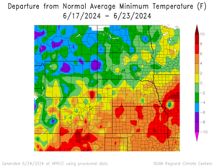 Departure from 1991-2020 normal average minimum temperature in the High Plains Region