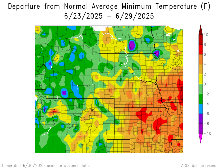 Departure from 1991-2020 normal average minimum temperature in the High Plains Region