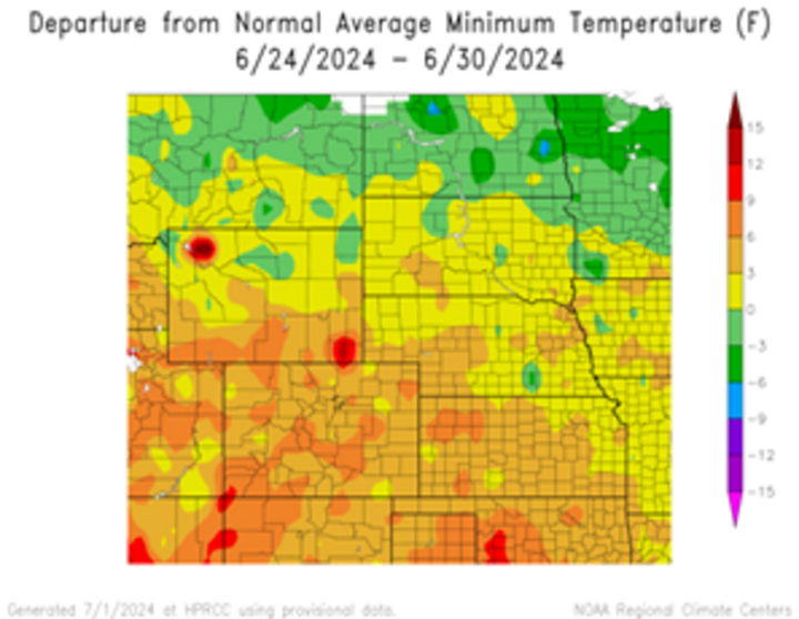 Departure from 1991-2020 normal average minimum temperature in the High Plains Region
