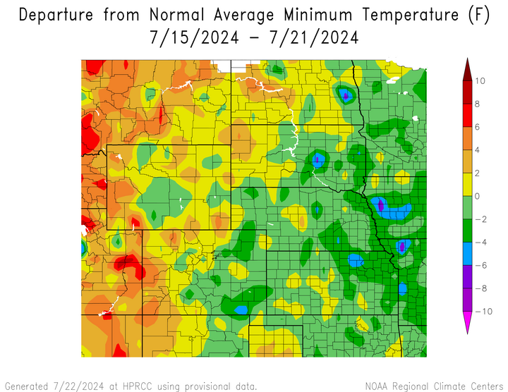 Departure from 1991-2020 normal average minimum temperature in the High Plains Region