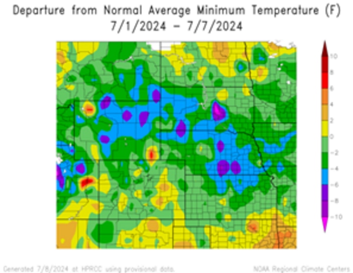 Departure from 1991-2020 normal average minimum temperature in the High Plains Region