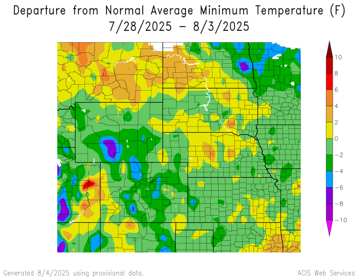 Departure from 1991-2020 normal average minimum temperature in the High Plains Region