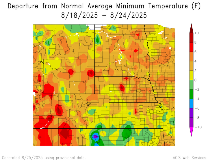 Departure from 1991-2020 normal average minimum temperature in the High Plains Region