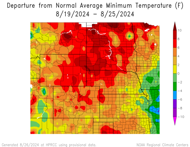 Departure from 1991-2020 normal average minimum temperature in the High Plains Region