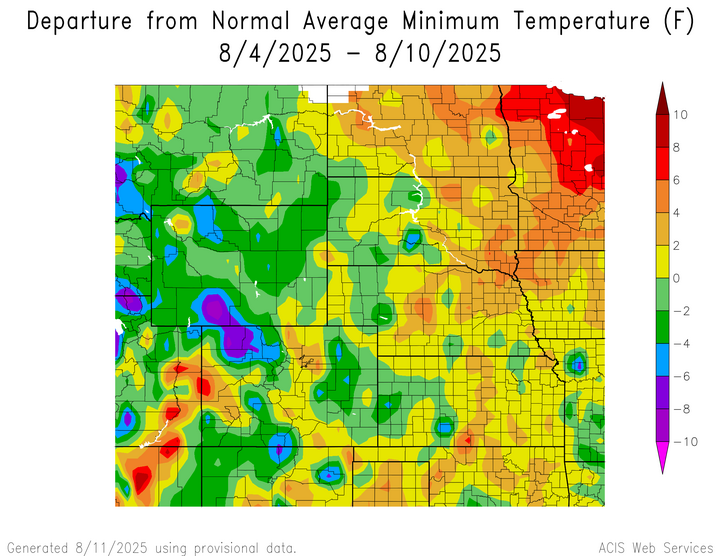 Departure from 1991-2020 normal average minimum temperature in the High Plains Region