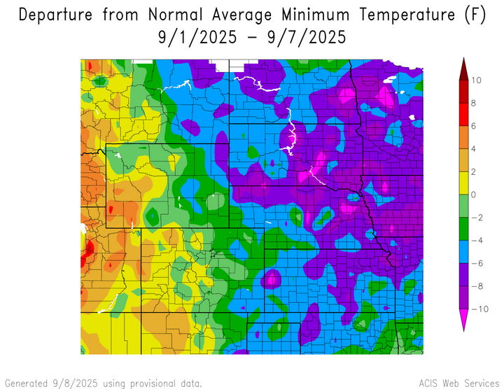 Departure from 1991-2020 normal average minimum temperature in the High Plains Region