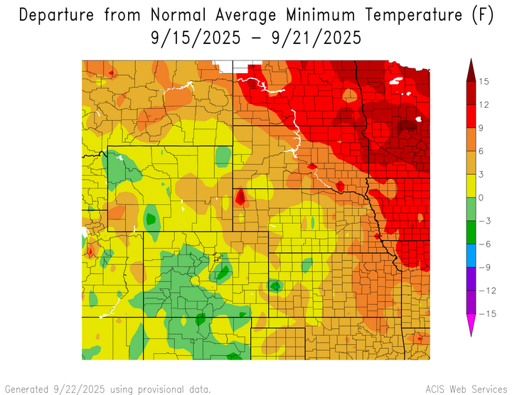 Departure from 1991-2020 normal average minimum temperature in the High Plains Region