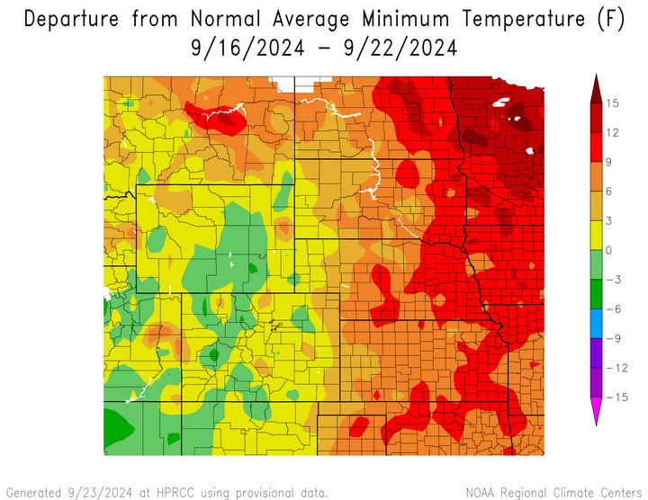 Departure from 1991-2020 normal average minimum temperature in the High Plains Region