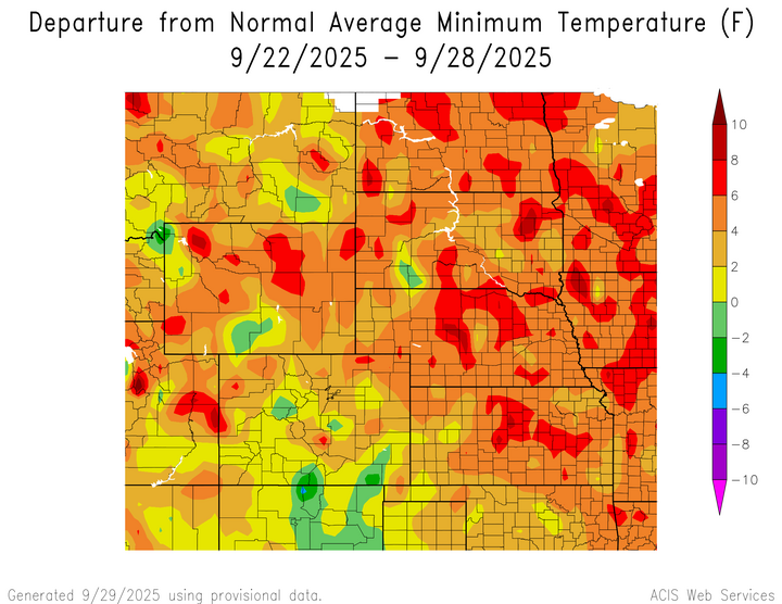 Departure from 1991-2020 normal average minimum temperature in the High Plains Region