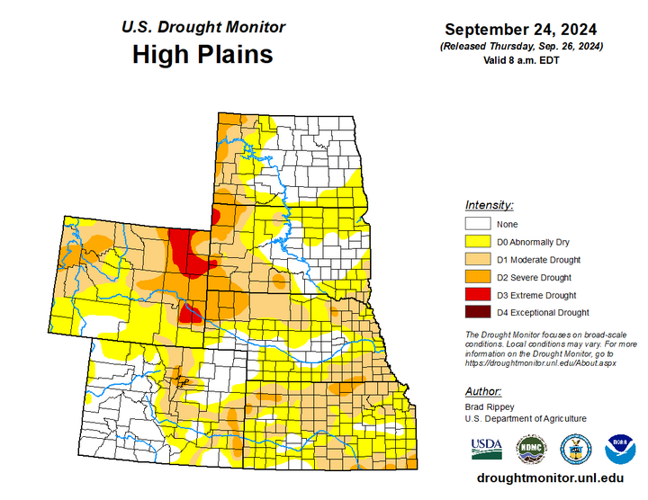 Map of the High Plains region showing the drought index 