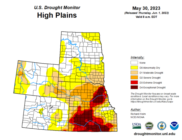 Map of the High Plains region showing the drought index 