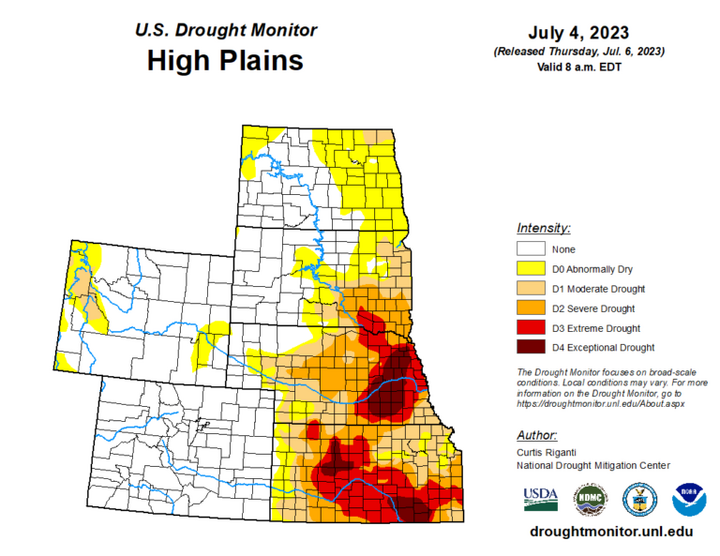 Map of the High Plains region showing the drought index 