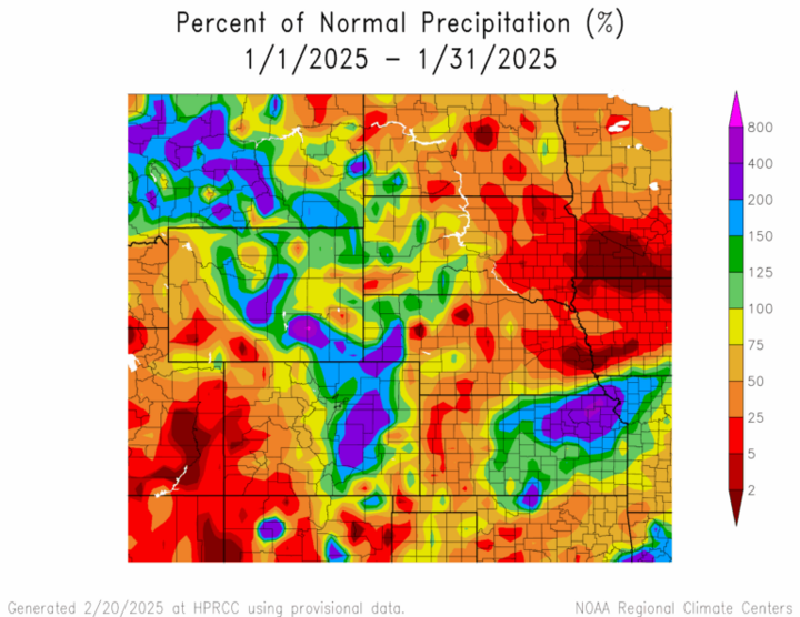 Percent of Normal Precipitation for January 2025