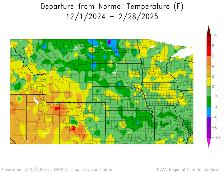 Map showing the departure from normal temperature for the winter of 2024-2025