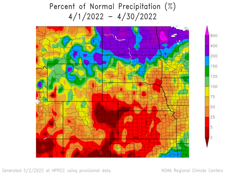 Departure from 1991-2020 normal precipitation in the High Plains Region
