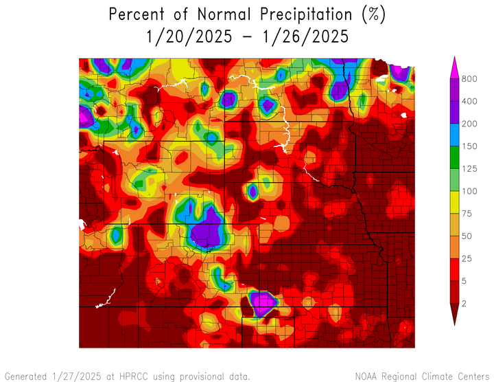 Departure from 1991-2020 normal precipitation in the High Plains Region
