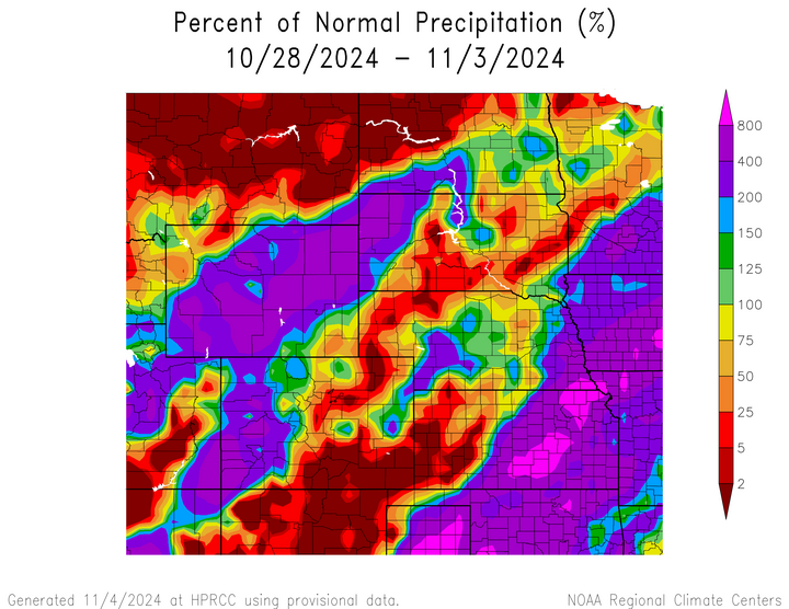 Departure from 1991-2020 normal precipitation in the High Plains Region