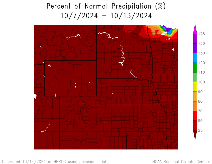 Departure from 1991-2020 normal precipitation in the High Plains Region