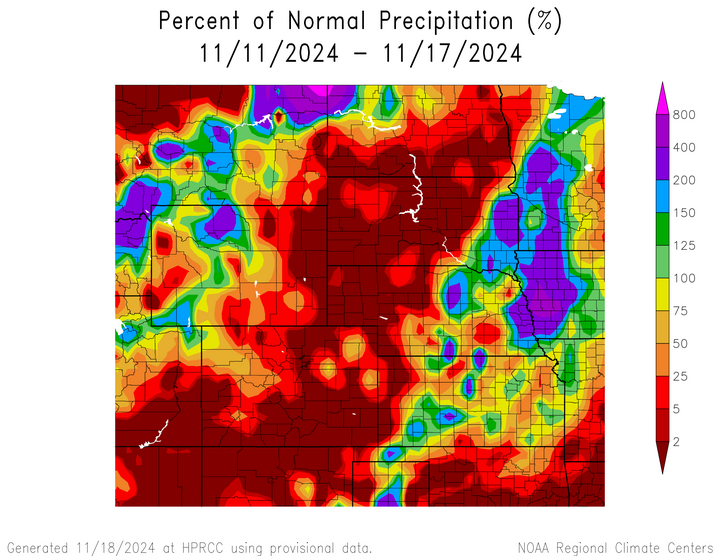 Departure from 1991-2020 normal precipitation in the High Plains Region