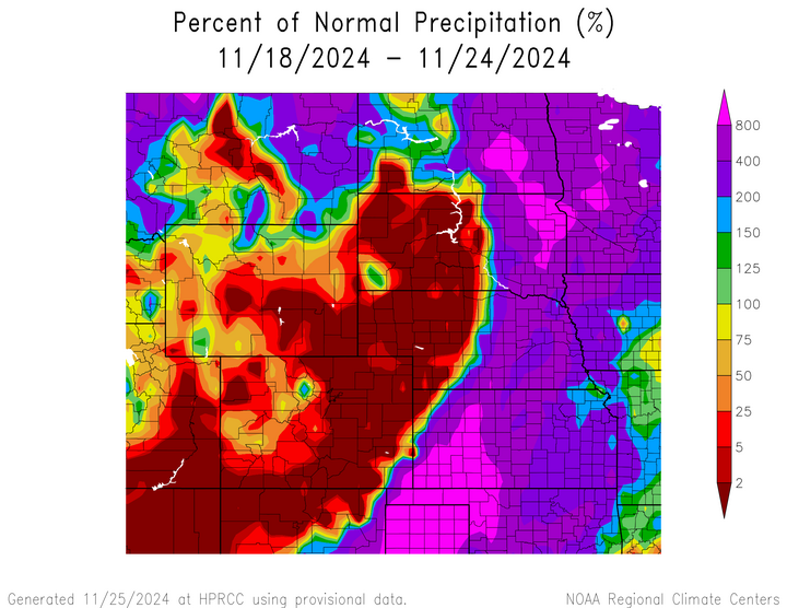 Departure from 1991-2020 normal precipitation in the High Plains Region