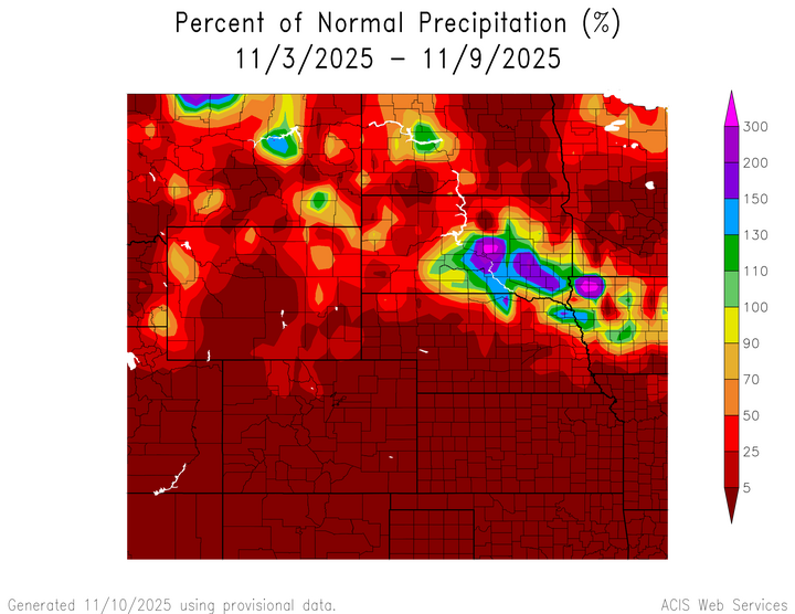 Departure from 1991-2020 normal precipitation in the High Plains Region