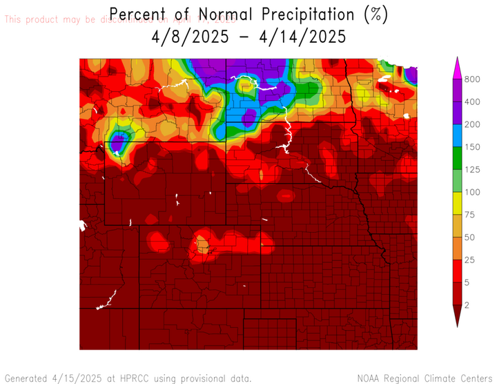 Departure from 1991-2020 normal precipitation in the High Plains Region
