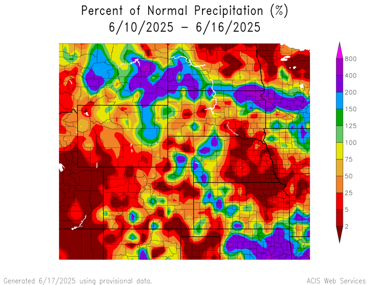 Departure from 1991-2020 normal precipitation in the High Plains Region