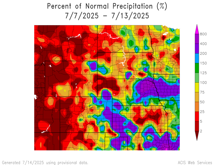Departure from 1991-2020 normal precipitation in the High Plains Region