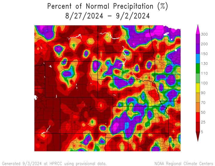 Departure from 1991-2020 normal precipitation in the High Plains Region