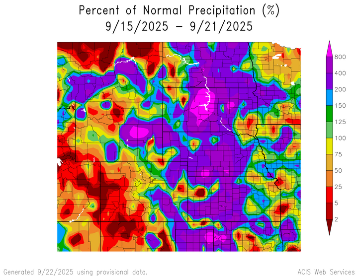 Departure from 1991-2020 normal precipitation in the High Plains Region