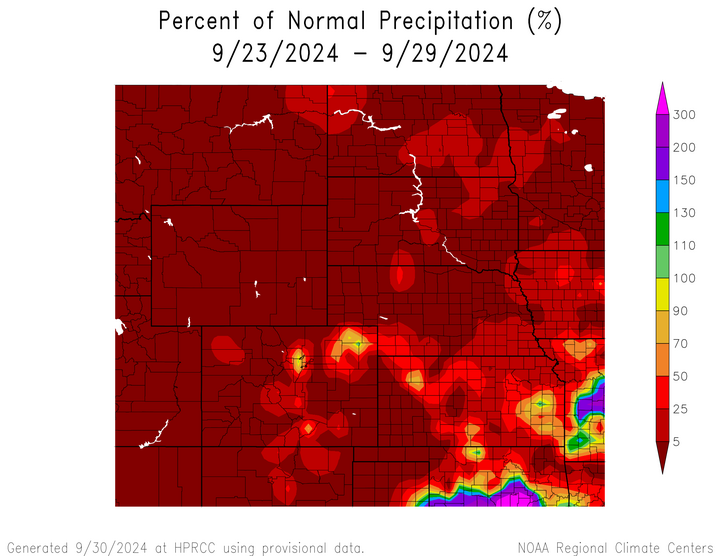 Departure from 1991-2020 normal precipitation in the High Plains Region
